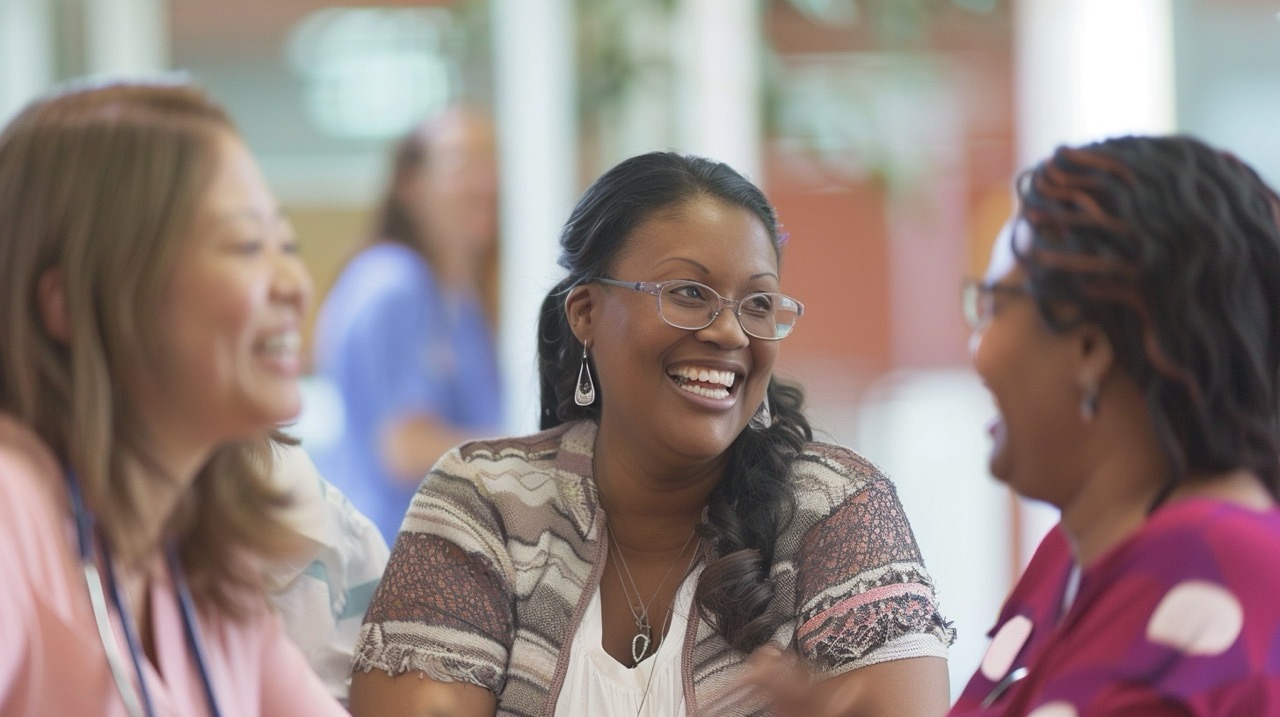 Lynn Immigrant Healthcare Access: smiling people from mixed backgrounds engaged in conversation