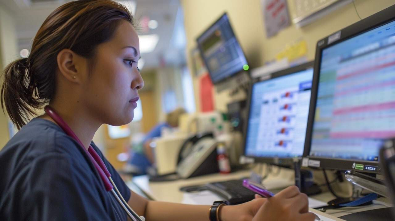 Nurse carefully reviewing patient charts and medical records at LCHC.
