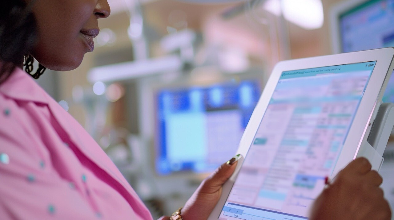 Nurse carefully reviewing patient charts and medical records at LCHC.