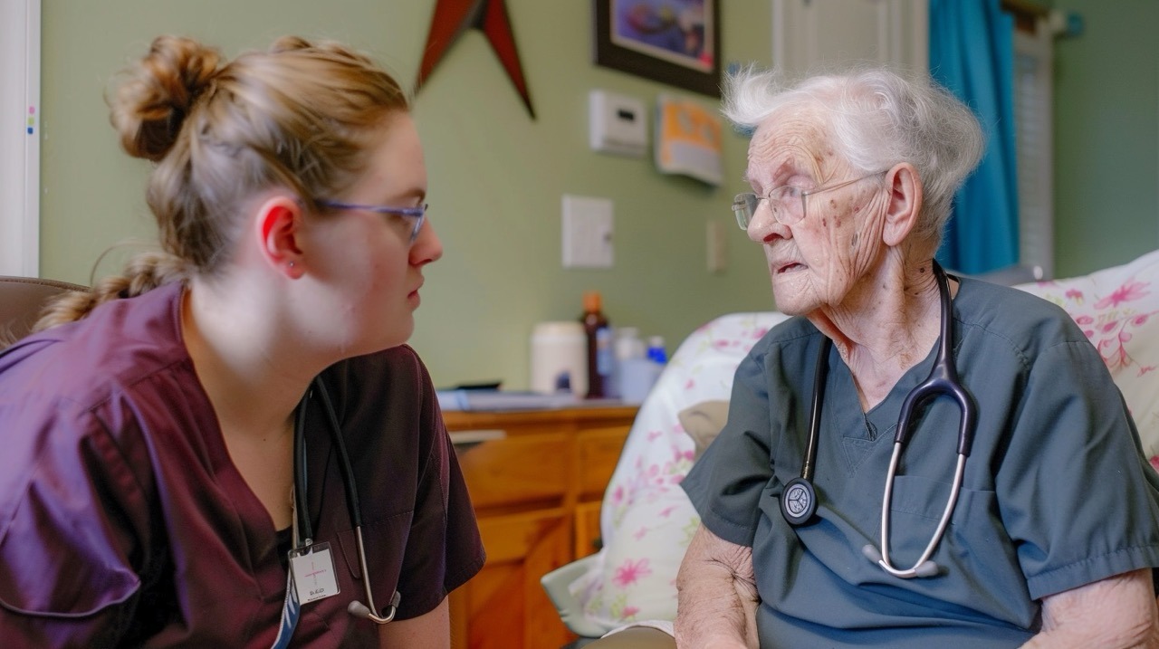 Nurse engaging in a heartfelt conversation with an elderly patient at LCHC. top skills and qualities needed for registered nurse jobs