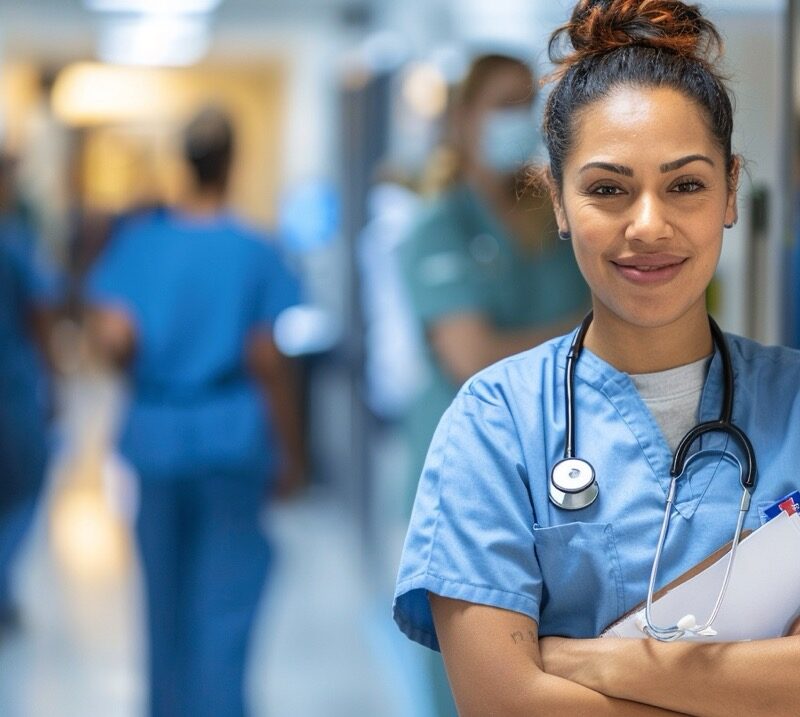 Nurse working through a busy hospital shift at Lynn Community Health Center.