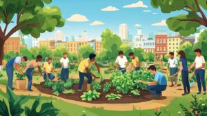 Everyday Actions for a Healthier Planet 1 A vibrant community garden in a bustling urban setting, with people of various ethnicities working together to plant vegetables and flowers, surrounded by buildings and city life, symbolizing green spaces in urban environments and environmental justice.