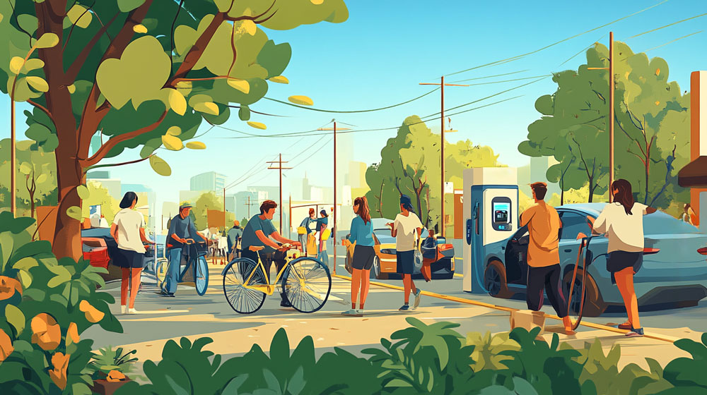 Illustration of a diverse group of people biking, walking, and charging electric cars on a sunny urban street, promoting sustainable transportation and eco-friendly community living.