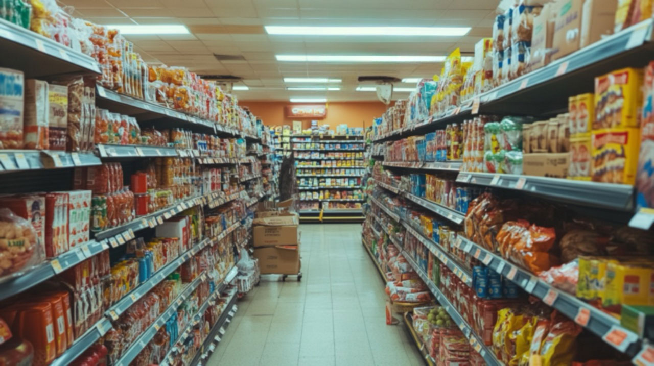 A grocery store with shelves filled with processed foods and limited fresh produce, showing the challenge of accessing healthy food in disadvantaged communities.