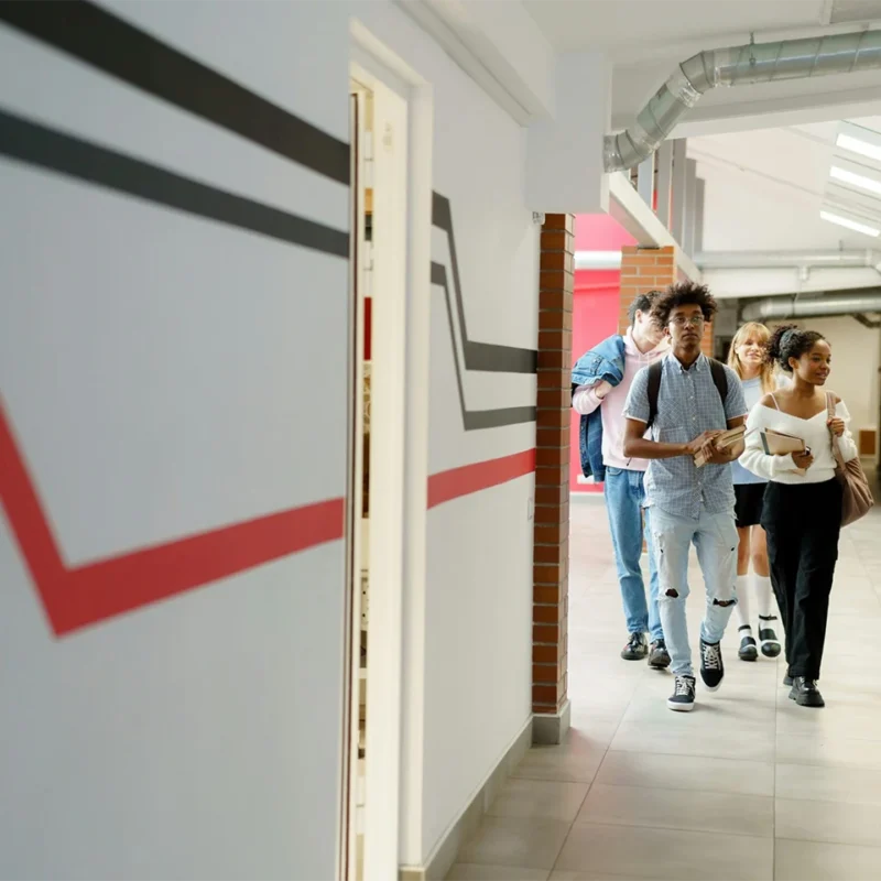 school hallways with students walking through